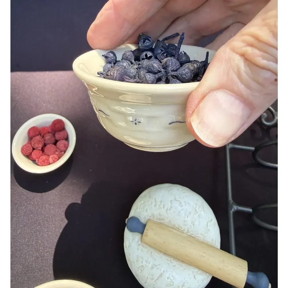 Longaberger Pottery Miniature Mixing Bowls Berries Dough Wrought Iron Stand Mint
